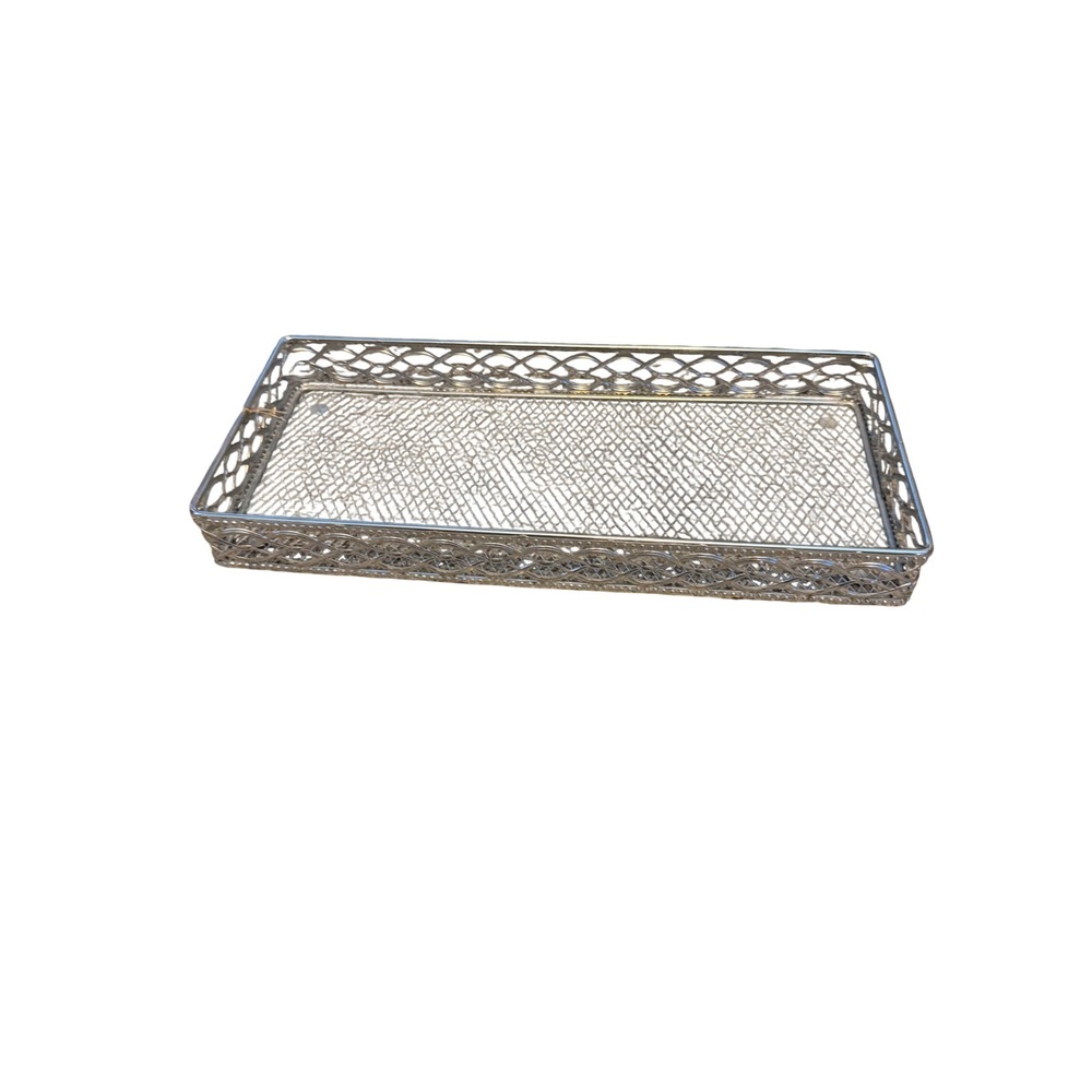 Vintage Silver Tone Mesh Vanity Tray Rectangular Filigree Lattice Organizer